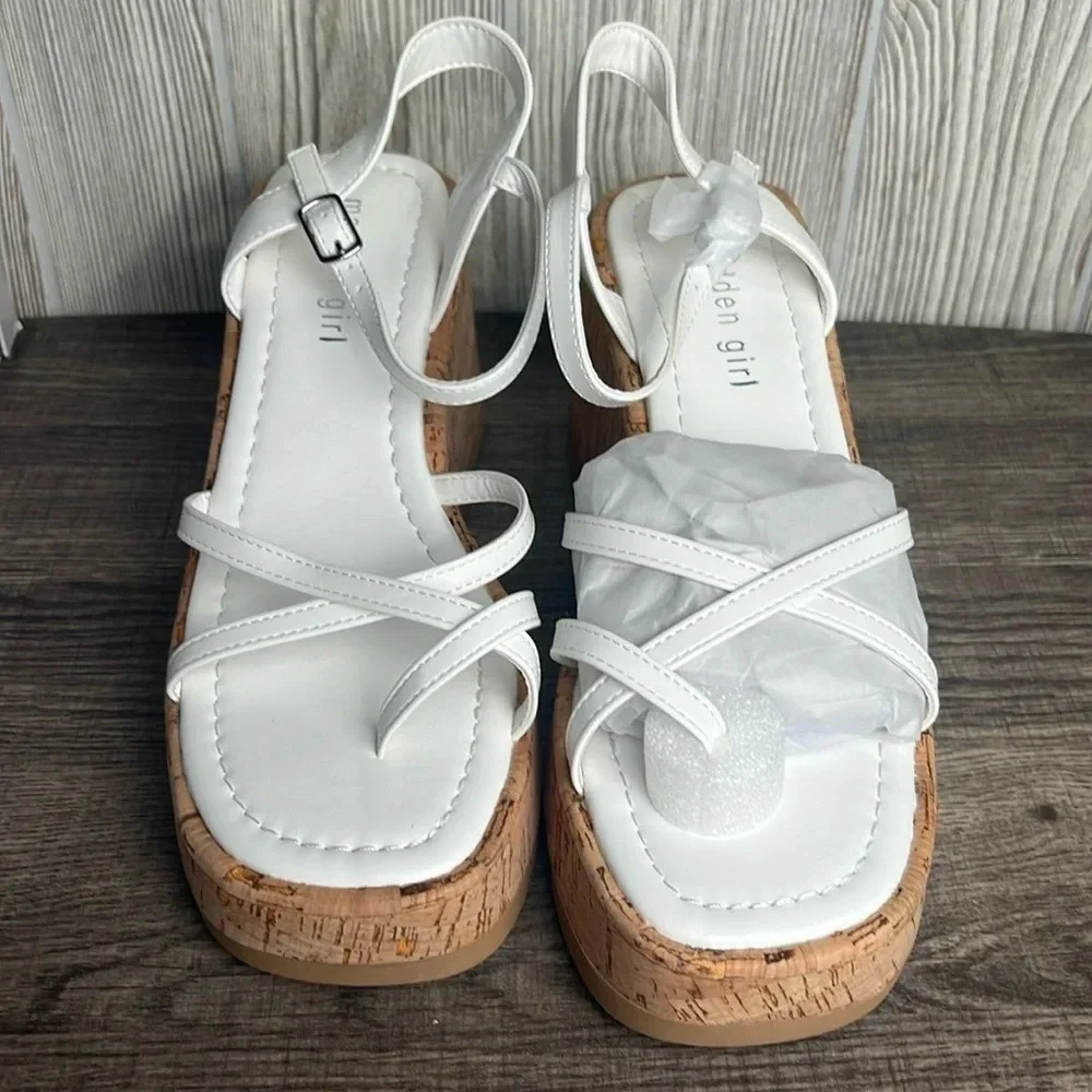 New! Madden Girl White Volt Cork Wedge Strappy Sandals Wedges Women’s Size 8.5